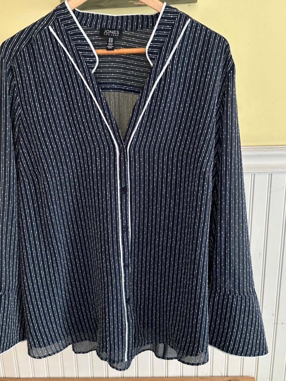 Jones New York Womens Navy & White Striped Blouse 2X Bell Sleeves Sheer Fabric